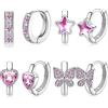 JeweBella Set 4 Paia Orecchini a Cerchio Ipoallergenici per Donna e Bambina - Cuore, Farfalla, Stella con Zircone - Anallergici in Argento
