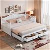 Wyibwy Divano letto estraibile in legno massello 90(180) x190 cm, con colonne romane, con schienale e braccioli curvi, divano letto 2 posti con cassetti e rete a doghe, legno di pino, bianco