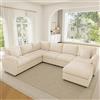 NuvlaGu Divano angolare modulare XXL a forma di U / L a 7 posti con sgabello, divano a coste con cuscino, divano combinato flessibile per soggiorno e camera da letto, extra comfort, beige