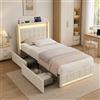 JiaOyu Letto singolo da 90 x 200 cm con LED RGB e testiera, moderno letto per ragazzi con funzione di ricarica USB e di tipo C, telaio imbottito traspirante, in tessuto di lino, per camera da letto e