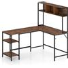 GIANTEX Scrivania a Forma di L in Legno con Libreria, Mensole Laterali e Gancio, Telaio Metallico, Scrivania per Computer Angolare con Piedini Antiscivolo Regolabili per Studio e Ufficio (Marrone)
