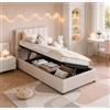 BIYFSDS Letto per bambini 90 x 200 cm, letto con contenitore idraulico, letto singolo imbottito con testiera regolabile e design a righe, letti 90 x 200 con rete letto singolo in lino (Beige-e, 90 x 200)