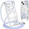 Niokfrci Cordino Cover per iPhone 14 / iPhone 13 6,1'', Aesthetic Blu Fiori Motivo Disegno Magnetica Trasparente PC Compatibile con MagSafe Case Corda Laccio Antiurto Protettiva Custodia per Ragazze