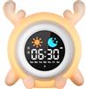 YISSVIC Sveglia Bambino Educativo Giorno Notte 2 Allarme 12/24 Ora Snooze 10 Canzoni Luminosità dello Schermo Regolabile Sveglia Luminosa 7 Colori Spegnimento Automatico, Forma di Renna