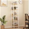DWVO Libreria alta e stretta a 5 ripiani, scaffale industriale a scala, scaffali in legno e metallo sottile e sottile, scaffale moderno per soggiorno, corridoio, ufficio, Bianco E Rovere
