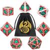 DND DADO Set di Dadi in Metallo DND, Motivo Occhio di Drago, 7 pezzi di Dadi Poliedrici in Metallo, per Giochi di Ruolo da Tavolo, Regali D&D con Borsa Regalo, D20, D12, 2D10, D8, D6, D4, Bianco, Rosso, Verde