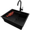 PRIMAGRAN Lavandino sottotop Tutto Nero 56x47cm, Lavello in Granito a 1 vasca + Rubinetto 32x20cm + Set di accessori, Lavabo da Cucina al Mobile 60cm - Prague Level S298