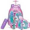 Egchescebo Zaino con Rotelle Bambina Animali Unicorno con le Trecce Trolley Zainetto Asilo Scuola Elementare Primaria Borsa Pranzo Portamatite Carrello Valigia Ragazza per Valigia da Viaggio Rosso