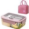 BRYN 1400ml Porta Pranzo Ermetico con Borsa Termica Porta Pranzo, Bento Lunch Box Microonde con Maniglia, Portapranzo con Scomparti e Posate, per Picnic, Campeggio, Fitness, Scuola, Ufficio（Rosa）
