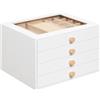 HOOBRO Portagioie Moderno con 4 Cassetti, Portagioie 23 x 20 x 15,6 cm con Finestra Trasparente e Interno in Velluto per Anelli Orecchini Collane Orologi, Bianco EWT25JB04