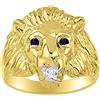 Rylos Anello a testa di leone con diamanti e zaffiro, in argento Sterling o argento placcato oro, Argento Oro Diamante Argento, Zaffiro