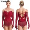 NONE Body da ballo latino con nappe da donna, body con frange di strass + guanti, abiti per performance di pattinaggio di tango cha-cha salsa