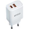 UNICO Caricatore domestico UNICO con doppia porta USB-C+A, PD20W+QC18W, confezione singola bianca, conforme RoHS.