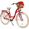Generic Bicicletta da città con cestino in vimini vintage, da donna, 28 pollici, rosso, cambio Shimano a 3 marce, colore: rosso