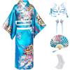CRFASIBE 5 Pezzi Bambini Giapponesi Kimono Robe, Ragazza Yukata Geisha Vestito Accappatoio per Spa, Seta Kimono Cosplay Abbigliamento con Accessori per Feste Maschera(Blu,150cm)