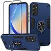 Btstring Cover per Samsung Galaxy A34 con Pellicola Protettiva, Grado Militare Custodia con Cavalletto in Metallo Rotante a 360°, Hard PC Back Cover e TPU Bumper Antiurto Case- blu