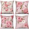 ASDCXZ Set di 4 federe per cuscino con fiori, 45 x 45 cm, stile vintage, colore bianco, rosa, foglie, per divano, cuscino decorativo, lavabile, in poliestere, lino, per esterni