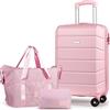 Tavoxda Set valigia cabina 3 pezzi in ABS rigido, trolley bagaglio a mano con ruote girevoli, borsa da viaggio e beauty case, 20 pollici, rosa