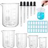 AILUYA 5 Pezzi Becher Graduato in Vetro Borosilicato, Bicchiere Graduato da 25ml/50 ml/100ml/250ml/500ml, Misurino Graduato, Misuratore Liquidi con Buretta Graduata e Adesivo per Laboratorio