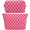 SOIDRAM 2 trousse per il trucco a scacchi di grandi dimensioni, in tela, da viaggio, organizer per pennelli da trucco, accessori estetici, borsa portaoggetti per donne, Rosso rosato, Mix a scacchi