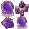 Nkaiso 50Pcs Viola Oro Stoviglie per Feste di Compleanno-10 Ospiti | 10 x 23cm & 10 x 18cm Piatti Carta Usa e Getta Eleganti, 10 Bicchieri, 20 Tovaglioli - per Festività Feste Decorazioni