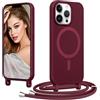 Coiwxmoi Magnetica Cover per iPhone 15 Pro Max con Cordino Regolabile, [Compatibile con MagSafe] Custodia con Collana Tracolla Laccio Collo Liquido TPU Silicone Lanyard Antiurto Case, Rosso Vino