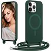 Coiwxmoi Magnetica Cover per iPhone 14 Pro con Cordino Regolabile, [Compatibile con MagSafe] Custodia con Collana Tracolla Laccio Collo Liquido TPU Silicone Lanyard Antiurto Case, Verde Scuro