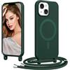 Coiwxmoi Magnetica Cover per iPhone 14 con Cordino Regolabile, [Compatibile con MagSafe] Custodia con Collana Tracolla Laccio Collo Liquido TPU Silicone Lanyard Antiurto Case, Verde Scuro