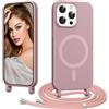Coiwxmoi Magnetica Cover per iPhone 15 Pro con Cordino Regolabile, [Compatibile con MagSafe] Custodia con Collana Tracolla Laccio Collo Liquido TPU Silicone Lanyard Antiurto Case, Rosa