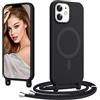 Coiwxmoi Magnetica Cover per iPhone 12 Mini con Cordino Regolabile, [Compatibile con MagSafe] Custodia con Collana Tracolla Laccio Collo Liquido TPU Silicone Lanyard Antiurto Case, Nero