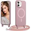 Coiwxmoi Magnetica Cover per iPhone 12 Mini con Cordino Regolabile, [Compatibile con MagSafe] Custodia con Collana Tracolla Laccio Collo Liquido TPU Silicone Lanyard Antiurto Case, Rosa