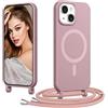 Coiwxmoi Magnetica Cover per iPhone 15 con Cordino Regolabile, [Compatibile con MagSafe] Custodia con Collana Tracolla Laccio Collo Liquido TPU Silicone Lanyard Antiurto Case, Rosa