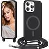 Coiwxmoi Magnetica Cover per iPhone 16 Pro con Cordino Regolabile, [Compatibile con MagSafe] Custodia con Collana Tracolla Laccio Collo Liquido TPU Silicone Lanyard Antiurto Case, Nero