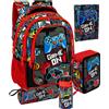 Julian Ross - Set Scuola 5 pezzi con Zaino Ergonomico, Astuccio 3 Scomparti, Borraccia, Diario, Tombolino, Gamer Squad