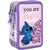 Stitch Disney Lilo e Stitch - Astuccio Scuola 3 Scomparti Completo 44 Pezzi, 20x12x7 cm, con effetto 3D