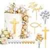 AEUXZA Set 24 Pezzi Decorazioni Torta Prima Comunione e Battesimo - Cake Topper con Croce, Pesci in Legno e 20 Palline Oro e Argento - Addobbi per Torte di Cresima e Feste Religiose