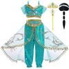 DiULi Jasmine Costume da Principessa, 5 PCS Set Jasmine Principessa Abiti Ragazze con Corona, Bacchetta, Parrucca per Principessa, per Festa Danza Compleanno Halloween Cosplay, Taglia 110