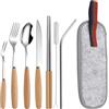 Ktnyl 7 Pezzi Posate in Acciaio Inox con Manico in Legno, Porta Posate Viaggio, Set Riutilizzabile per Lavoro, Scuola, Campeggio e Viaggio