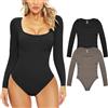 Xnova Body Donna Bodysuit a Costine Elasticizzate Body Donna Elegante con Collo a U Manica Lunga Casuale Shapewear Tops Tinta Unita Vita Quotidiana, 2PC Nero + Grigio, L