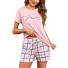 Bresdk Pigiama Donna Estivo Manica Corta Pigiami Due Pezzi con Top Manica Corta Cuore Stampa e Pantaloncini a Quadri Comodo e Morbido