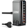 ARCELI Caricatore USB C 320W, Stazione di Ricarica GaN III Multipla 8 Porte con PD/QC, Alimentatore Compatibile per MacBook Air/Pro, iPhone, iPad, Samsung Galaxy