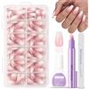 MrCuvaryas 120 unghie finte a pressione francese, copertura completa, per unghie in gel, colore bianco e rosa, sfumato, ballerina, nail art, manicure, per donne fai da te (bara corta rosa)