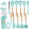 Omtofo Utensili da cucina in silicone 33 pezzi, set di utensili da cucina per pentole antiaderenti, al calore e antiaderenti con manico in legno per utensili senza BPA, Verde
