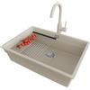 PRIMAGRAN Lavandino da Cucina Beige 66x47cm, Lavello in Granito a 1 vasca + Rubinetto 32x20cm + Set di accessori, Lavabo da Cucina Incasso al Mobile 70cm - Prague Level Slim S448