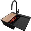 PRIMAGRAN Lavandino da Cucina Tutto Nero 62x50cm, Lavello in Granito a 1 vasca + Rubinetto 40x20cm + Set di accessori, Lavabo da Cucina Incasso al Mobile 40cm - Sydney Ergo S091