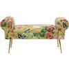 Kare Design Panca Wing Flower Fever, giallo, 54x100x35 cm, panca imbottita con gambe finitura ottone, motivo floreale, panca stretta per ingresso, legno massello di pino, Flower-Fever, soggiorno