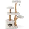 SOARS Tiragraffi per Gatti in Legno135 cm, Bianco | Alberi per Gatti XXL con 4 Posatoi e 1 Cuccia Grotta in Peluche, 1 Pompon, Corda in Juta e Tronchi Naturali