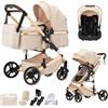 BEBBY Passeggino trio,Passeggino 3 in 1, Passeggino Canna Portatile Pieghevole in Un Clic,Passeggini Combinato Paesaggio Alto Telaio in Alluminio Per Neonato Passeggini (H9-BEIGE, H9)