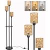 Winverty Lampada da Terra Rattan Boho con Ripiani, 3 Luci Piantana da Terra con Paralume Rattan e Interruttore a Pedale, Industriale Vintage Lampada da Terra E27 1.66m per Soggiorno Camera da lett