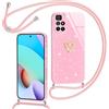 Yichxu Cover con Cordino per Xiaomi Redmi 10/ Redmi 10 2022 Custodia Glitter con Collana Tracolla, Motivo Cuore TPU Silicone Brillantini AntiGraffio Case, Laccio Collo Case per Redmi 10, Rosa